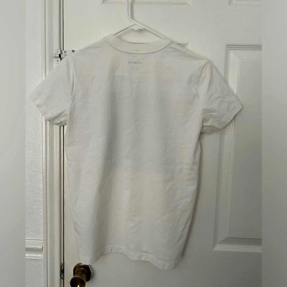 Coach White Tee with Brown Signature Square and Multicolor Logo